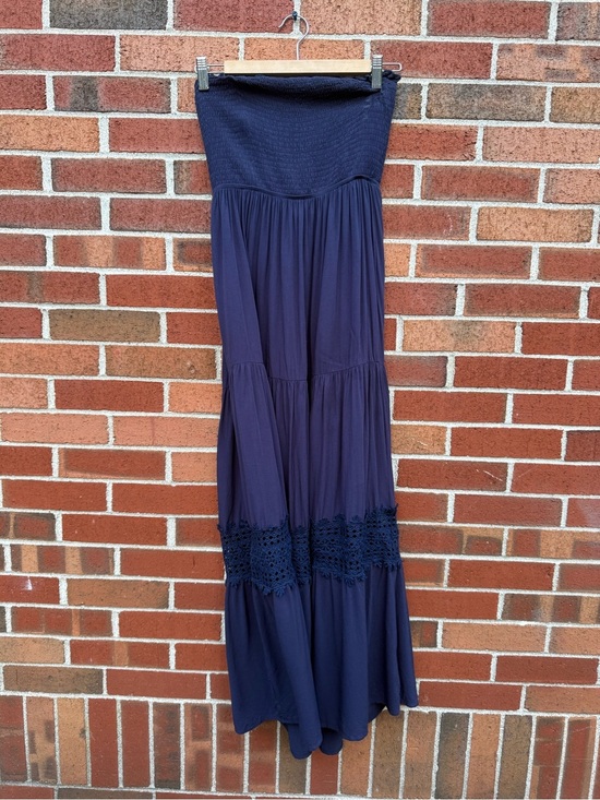 Cupshe Dresses & Skirts - Cupshe Strapless Navy Blue Smocked Maxi Dress Boho Crochet Lace Trim Size M